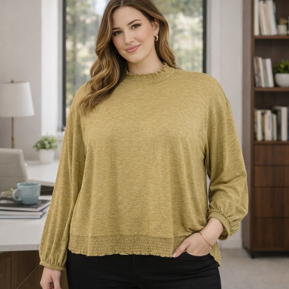 A New Day‎ Womens Sweater XXL Olive Gold Lightweight Smocked Mock Office Casual